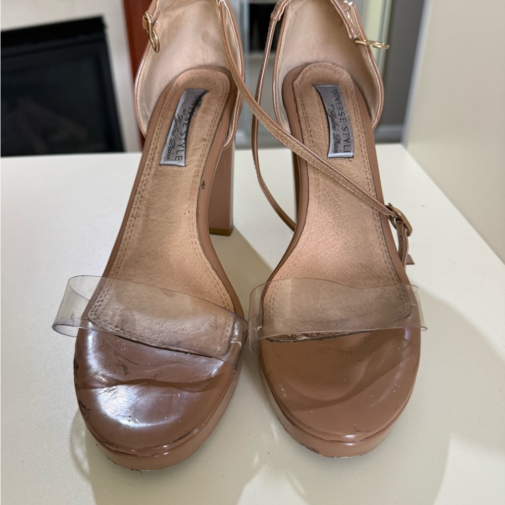 Nude Clear Strap Block Heel Sandals